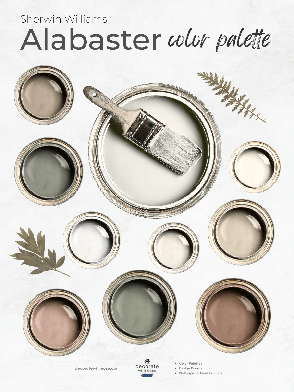 Sherwin Williams Alabaster color palette with paint cans and a brush on a white background