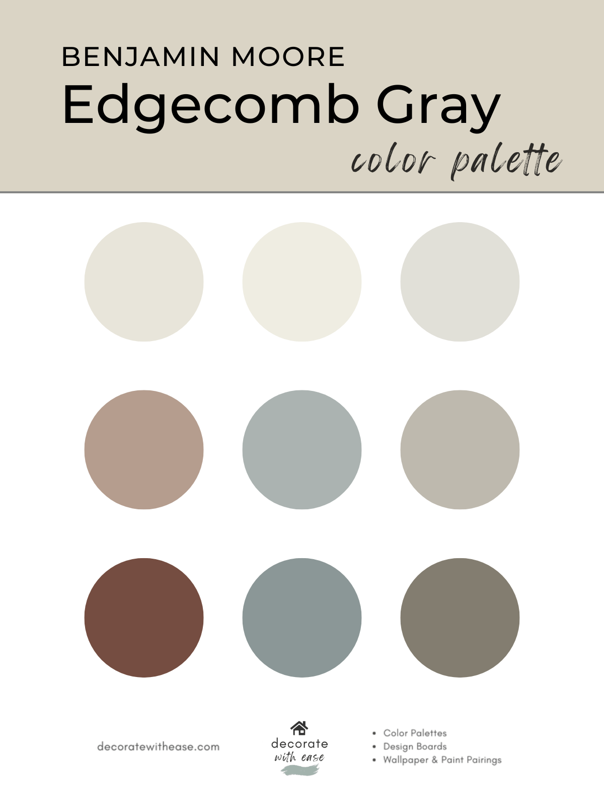 Benjamin Moore Edgecomb Gray color palette with swatches on a beige background