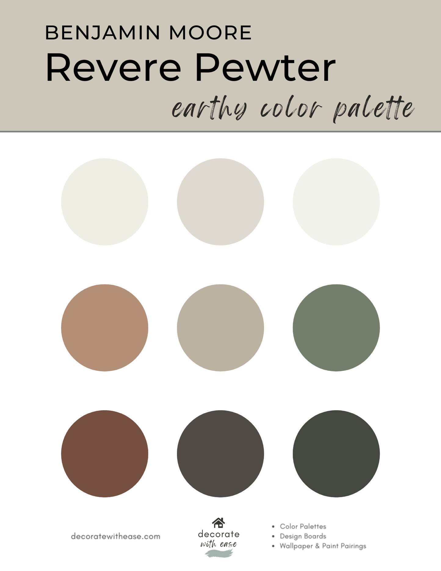 Benjamin Moore Revere Pewter color swatch set on a white background