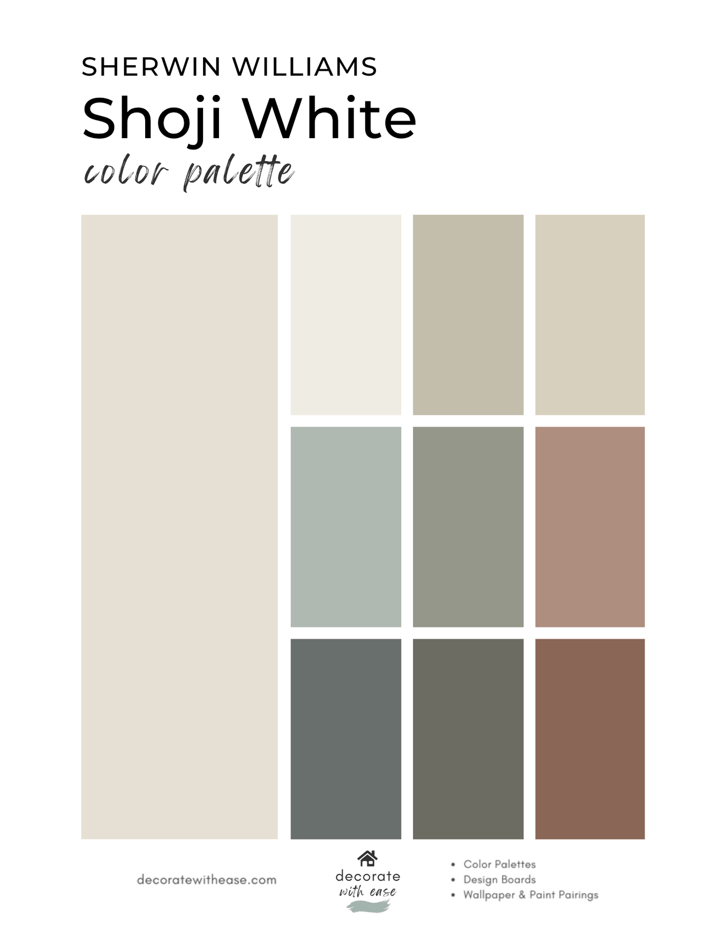 Sherwin-Williams Shoji White color palette with swatches on a white background