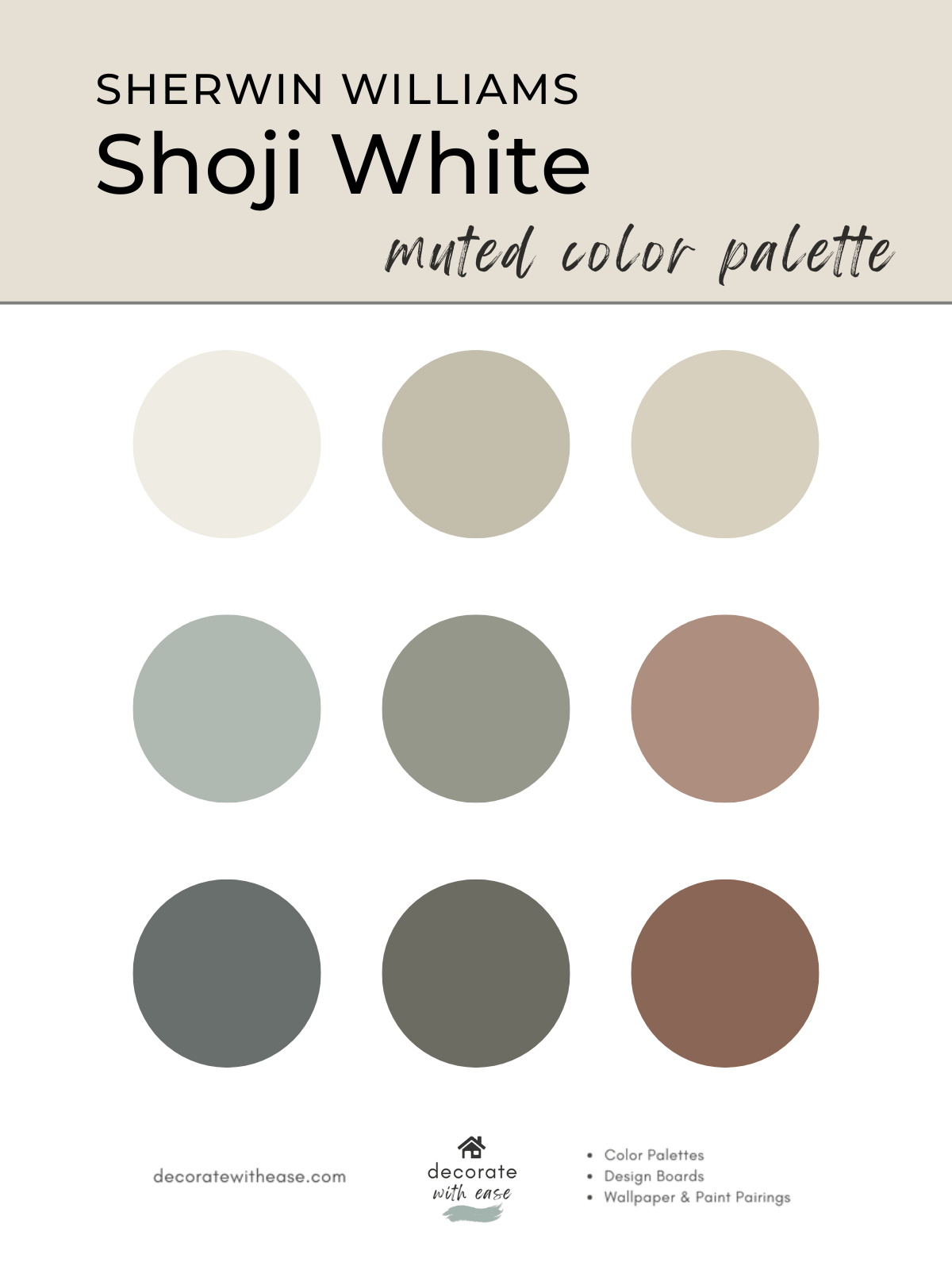 Sherwin Williams Shoji White color palette with round color samples on white background