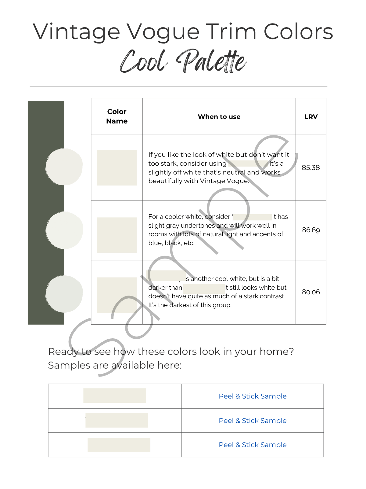 trim color swatches and information on a white background