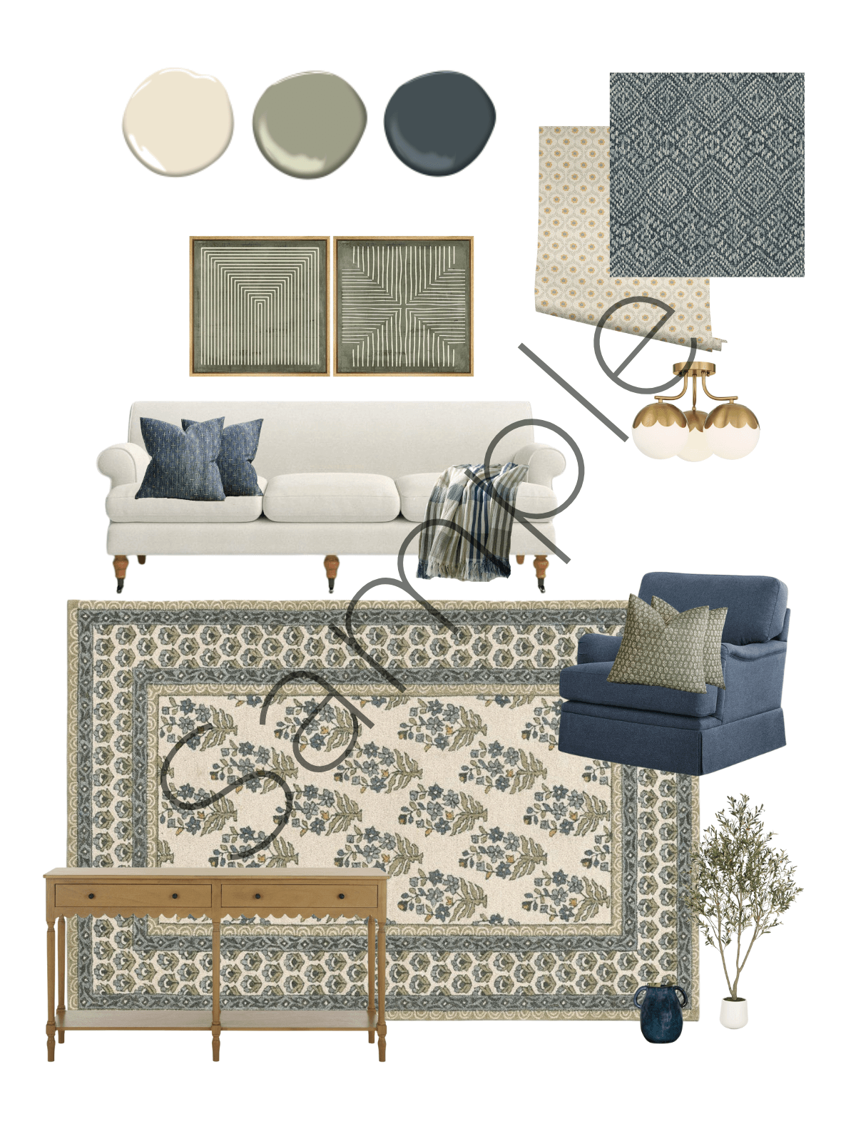 Collage of home decor items including a sofa, armchair, rug, and wall art on a white background.