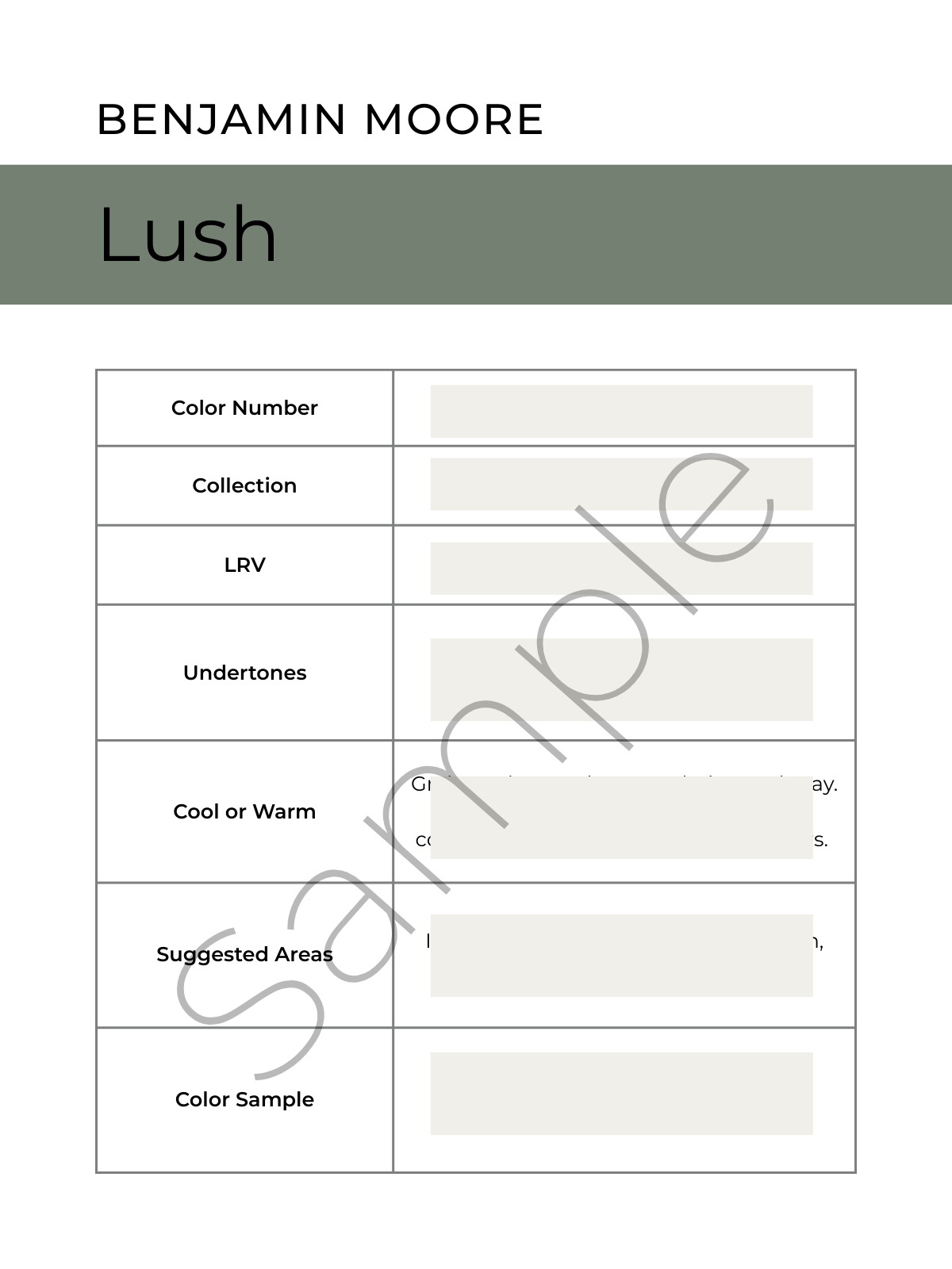 Benjamin Moore color sample card for 'Lush' with text and a color swatch.