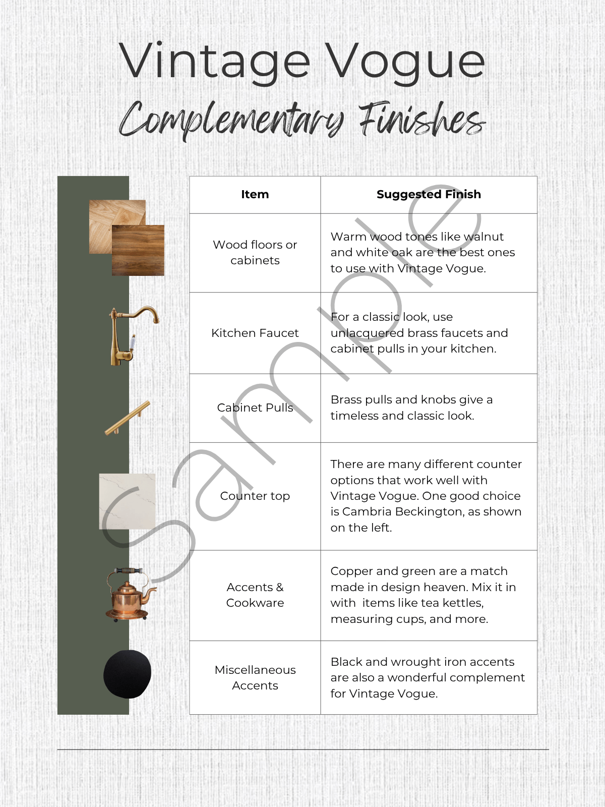 Vintage Vogue complementary finishes guide with suggested finishes for various kitchen elements.