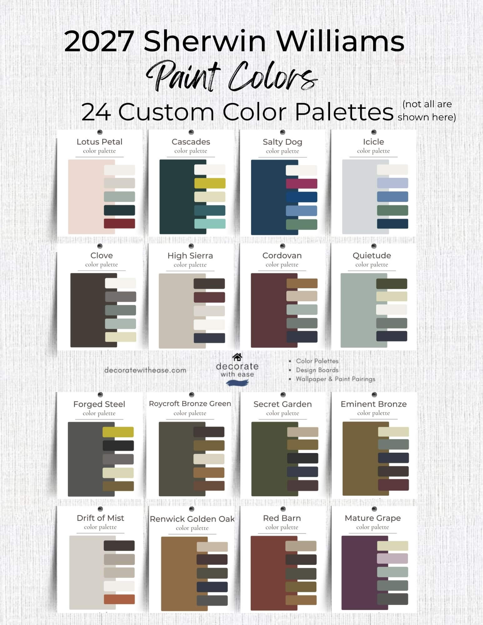 A digital graphic displaying 24 custom color palettes from Sherwin Williams for the year 2027, arranged in a grid on a textured off-white background. The image features 18 color swatches with their names and Sherwin Williams codes, including Lotus Petal, Cascades, and Quietude.