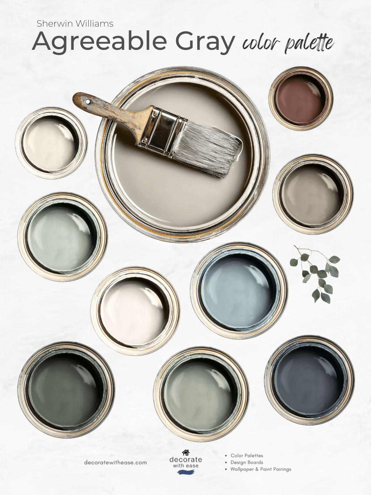 Sherwin-Williams Agreeable Gray color palette with paint samples and a brush.