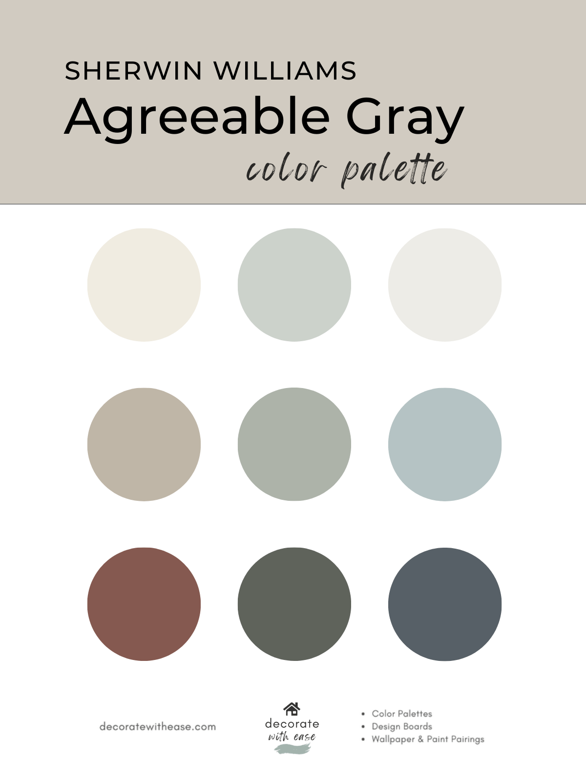 Sherwin Williams Agreeable Gray color palette with nine swatches on a beige background.