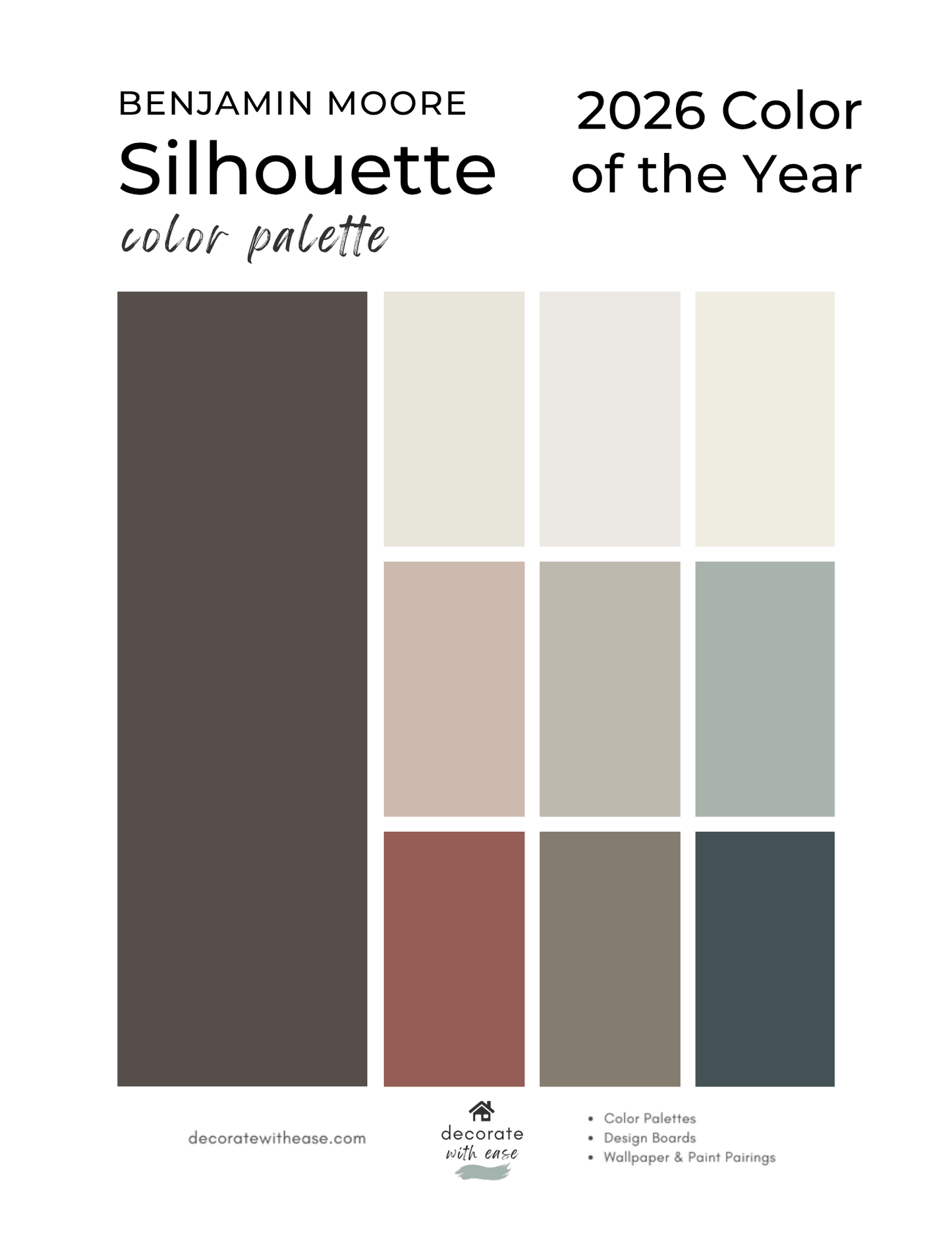 Benjamin Moore 2026 Color of the Year Silhouette color palette on a white background
