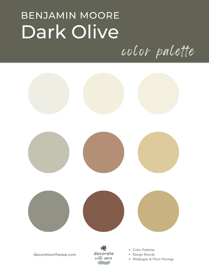 Benjamin Moore Dark Olive color palette with swatches on a gray background