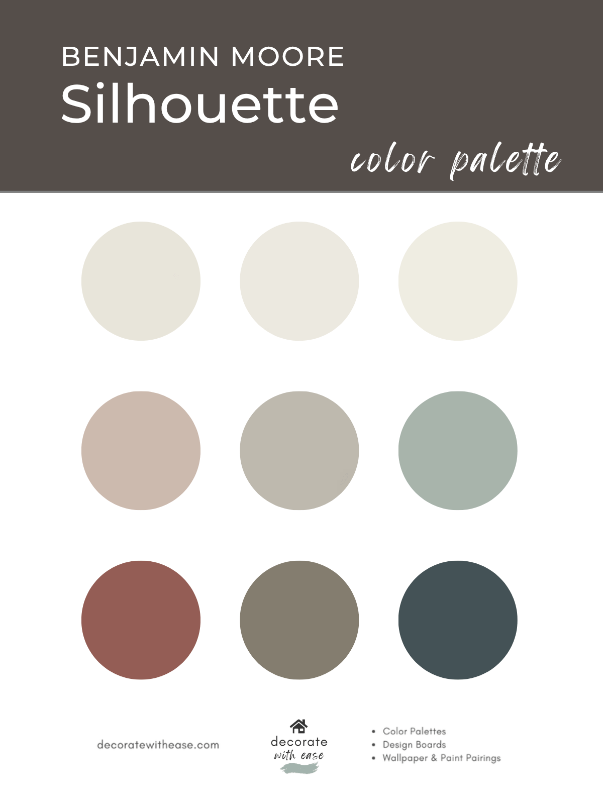 Benjamin Moore Silhouette color palette with nine circular color swatches on a white background.