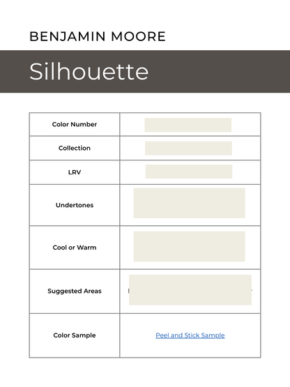 Benjamin Moore paint swatch with color number, collection, LRV, undertones, cool or warm, suggested areas, and color sample details.