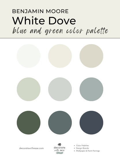 white dove blue and green color palette with round swatches on white background