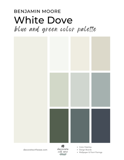 Benjamin Moore White Dove color palette with blue and green swatches on a white background