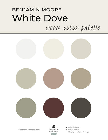 Benjamin Moore White Dove warm color palette with nine swatches on a beige background