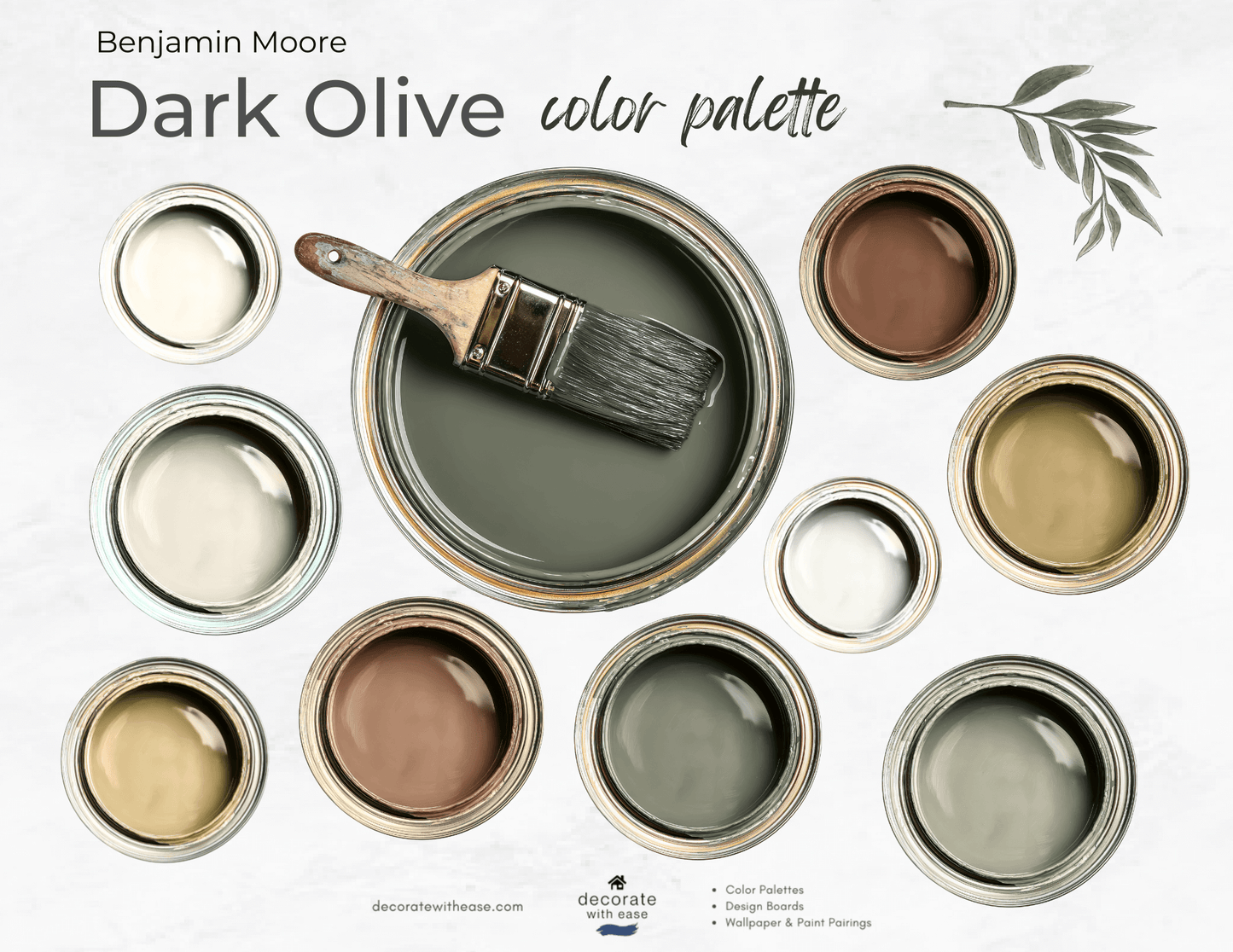 Benjamin Moore Dark Olive color palette with paint samples and a brush.