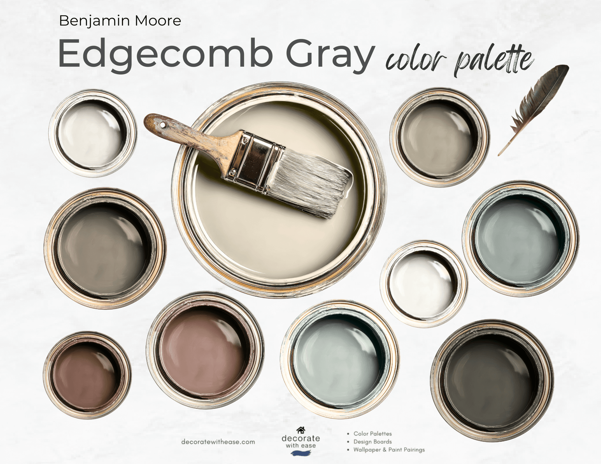 Benjamin Moore Edgecomb Gray color palette with paint cans and a brush.