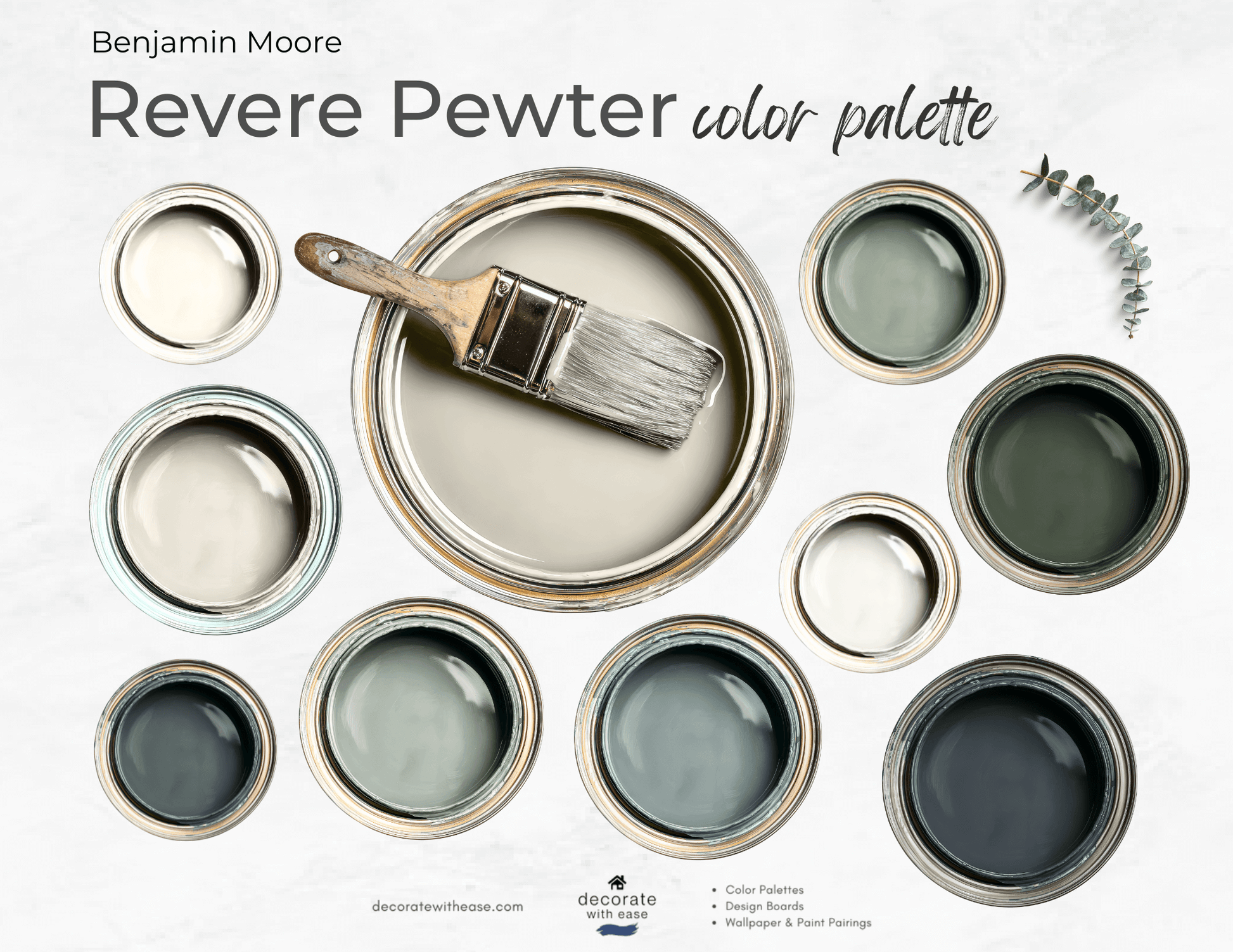 Benjamin Moore Revere Pewter color palette with paint cans and a brush on a white background