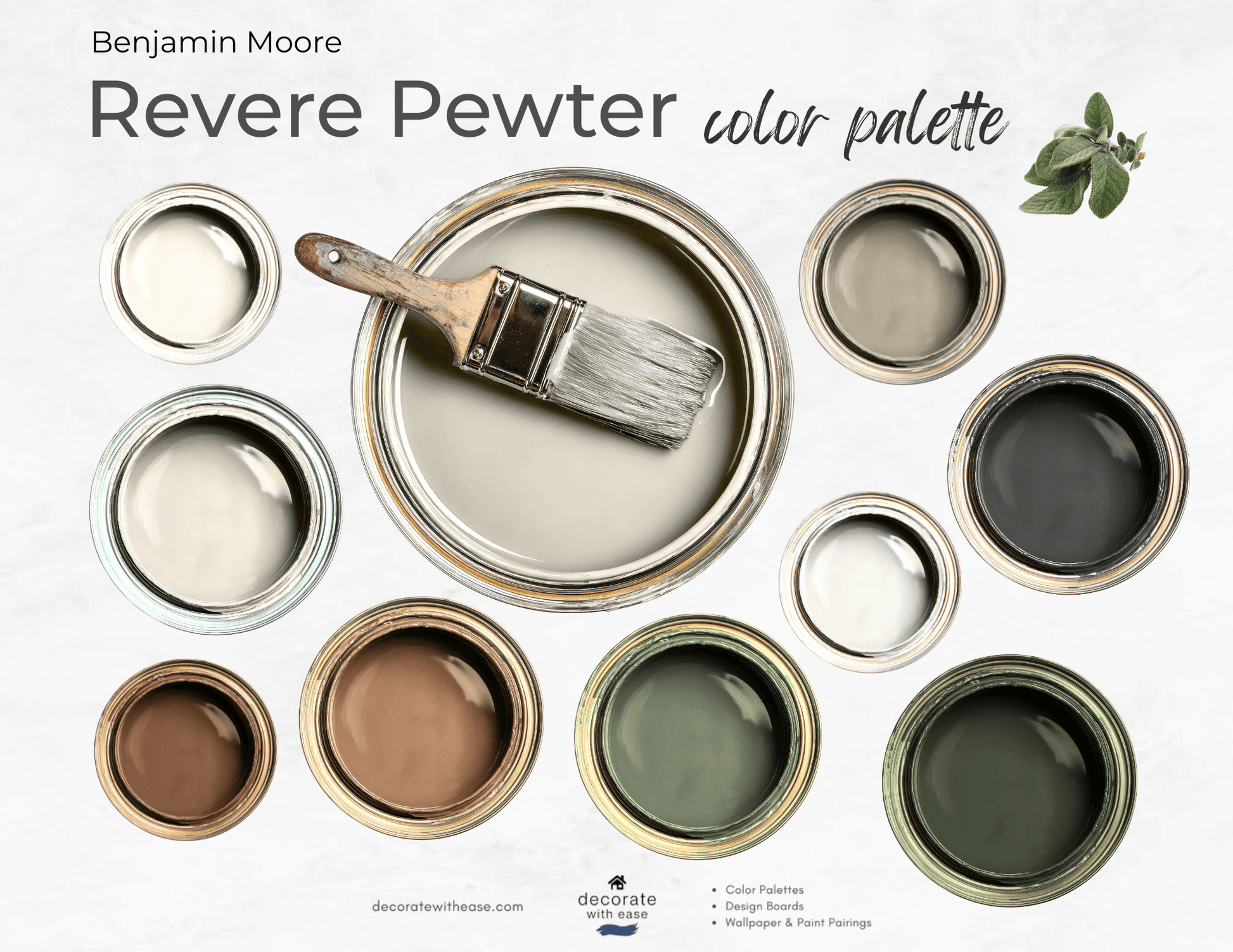Benjamin Moore Revere Pewter color palette with paint cans and a brush on a white background