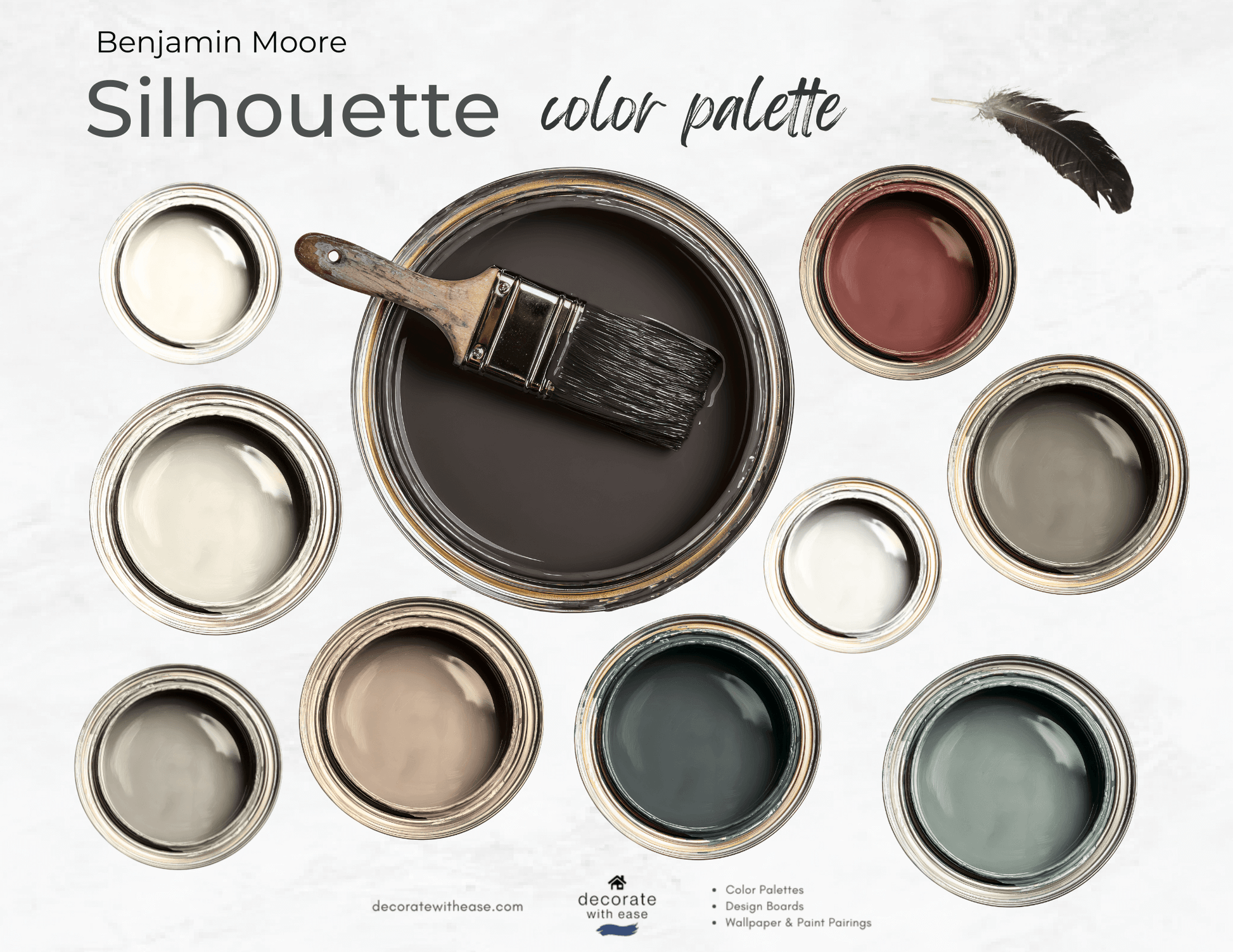 Benjamin Moore Silhouette color palette with paint cans and a brush on a white background