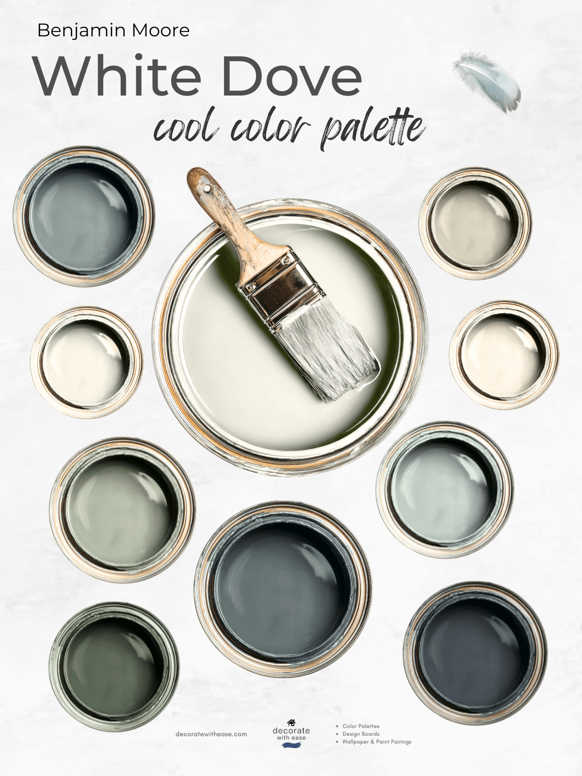 Benjamin Moore White Dove paint color palette with a brush and swatches on a white background