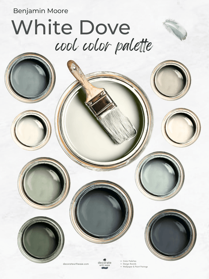 Benjamin Moore White Dove paint color palette with a brush and swatches on a white background