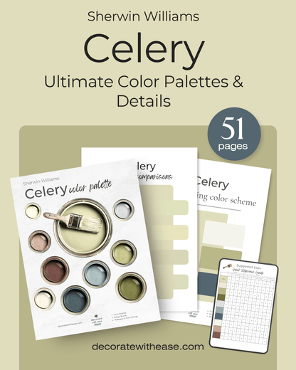 Promotional graphic for Sherwin Williams Celery Ultimate Color Palettes & Details, showing several printed color-palette pages and a small chart on a beige background with the text '51 pages'.