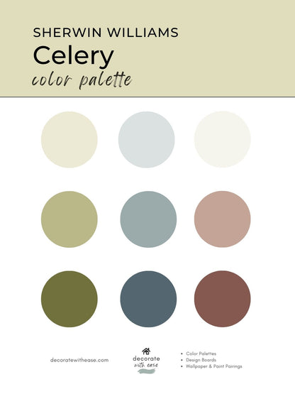 Sherwin Williams Celery color palette chart featuring a beige header and nine circular color swatches in soft cream, pale blue-gray, olive green, muted blue-gray, dusty rose, olive green, slate blue-gray, and terracotta on a white background.