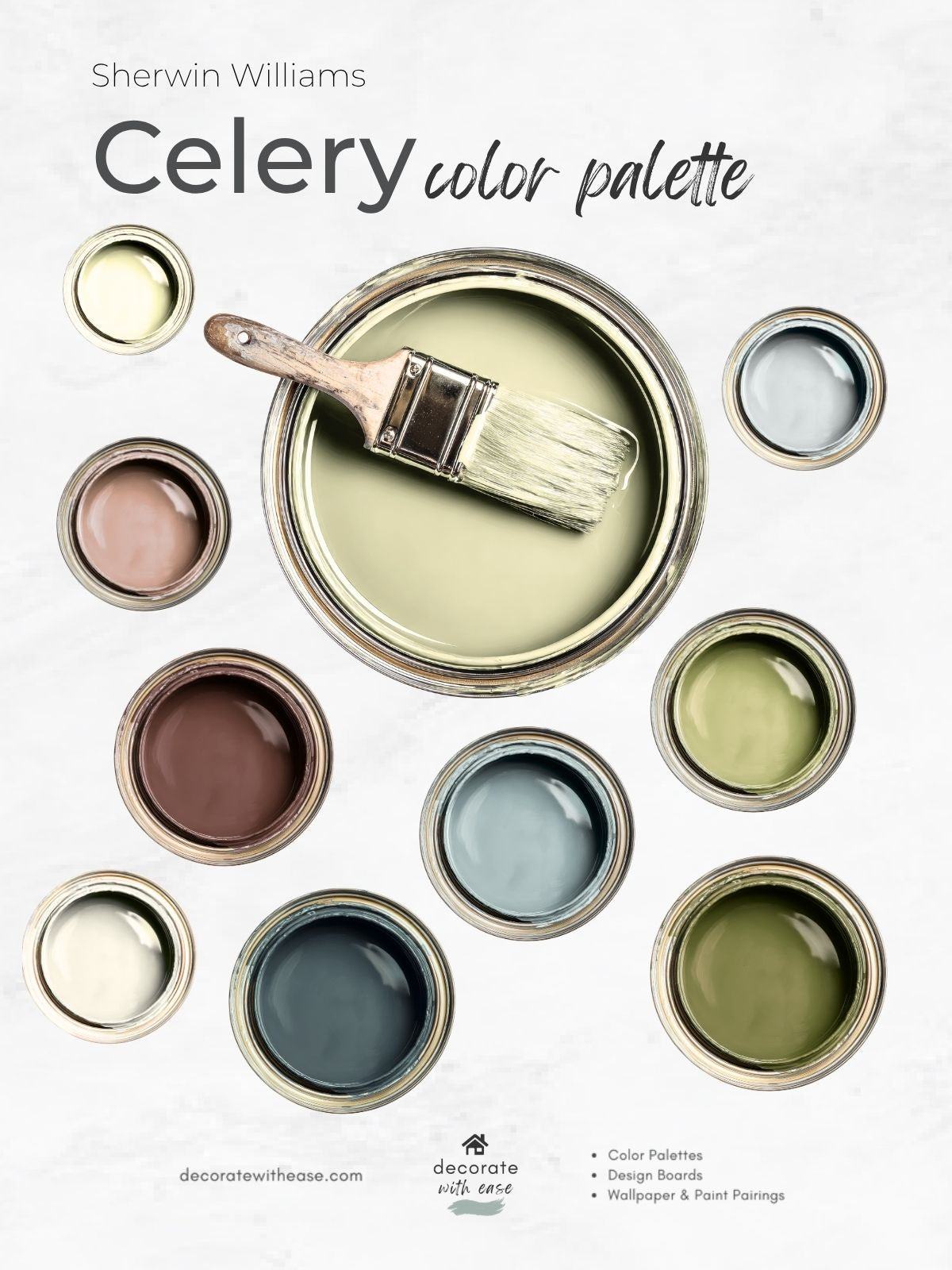 Sherwin Williams Celery color palette book cover featuring a central paint can with a paintbrush and multiple surrounding paint cans in soft green, beige, brown, blue, and gray tones on a white background.