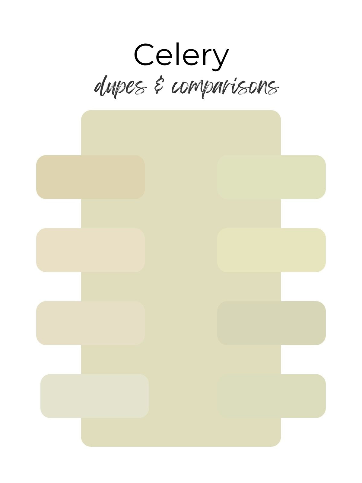 A color swatch graphic titled 'Celery dupes & comparisons' on a white background, showing a large pale celery-green shape with several smaller beige and yellow-green color blocks arranged around it.
