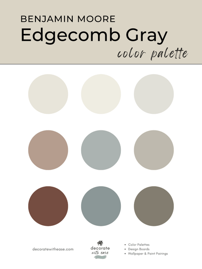 Benjamin Moore Edgecomb Gray color palette with swatches on a beige background