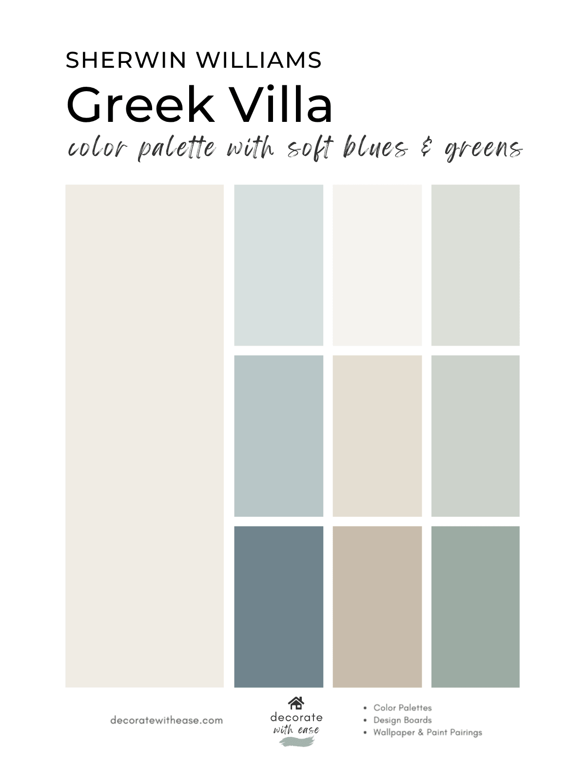 Sherwin Williams Greek Villa coordinating paint colors with soft blues and greens