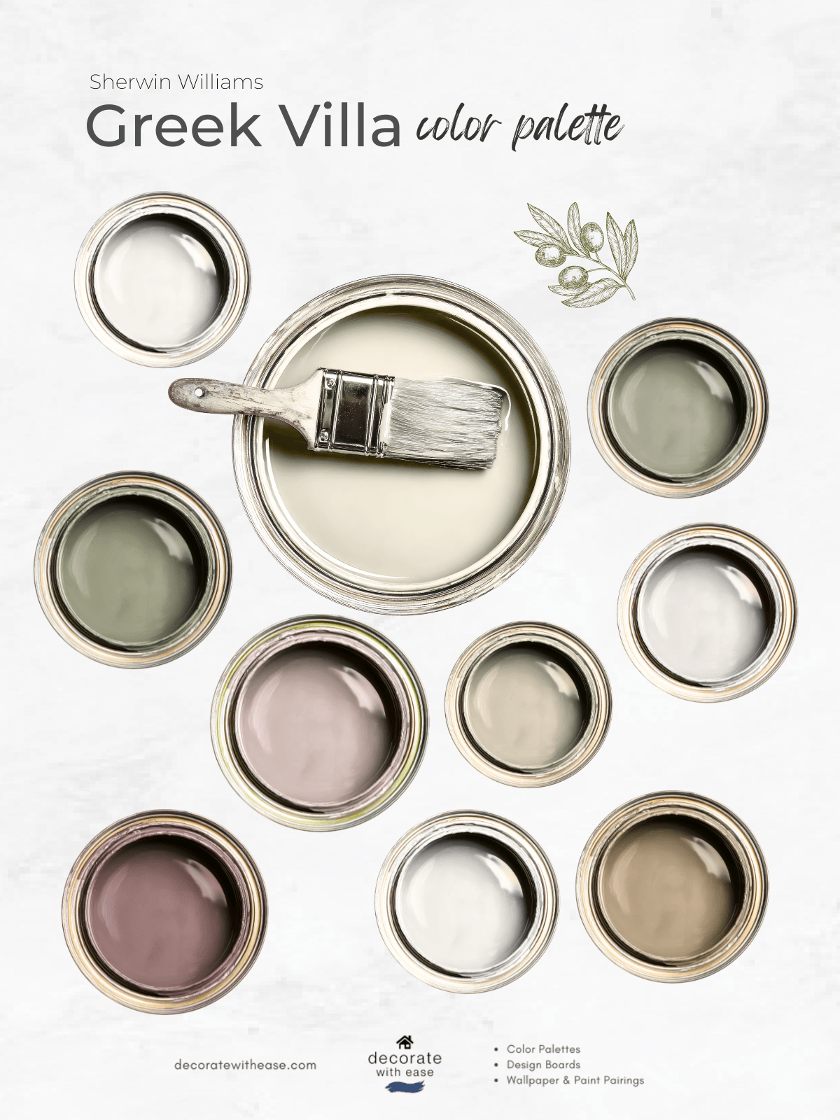 Sherwin Williams Greek Villa color palette with paint cans and a brush on a white background