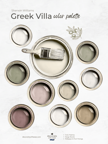Sherwin Williams Greek Villa color palette with paint cans and a brush on a white background