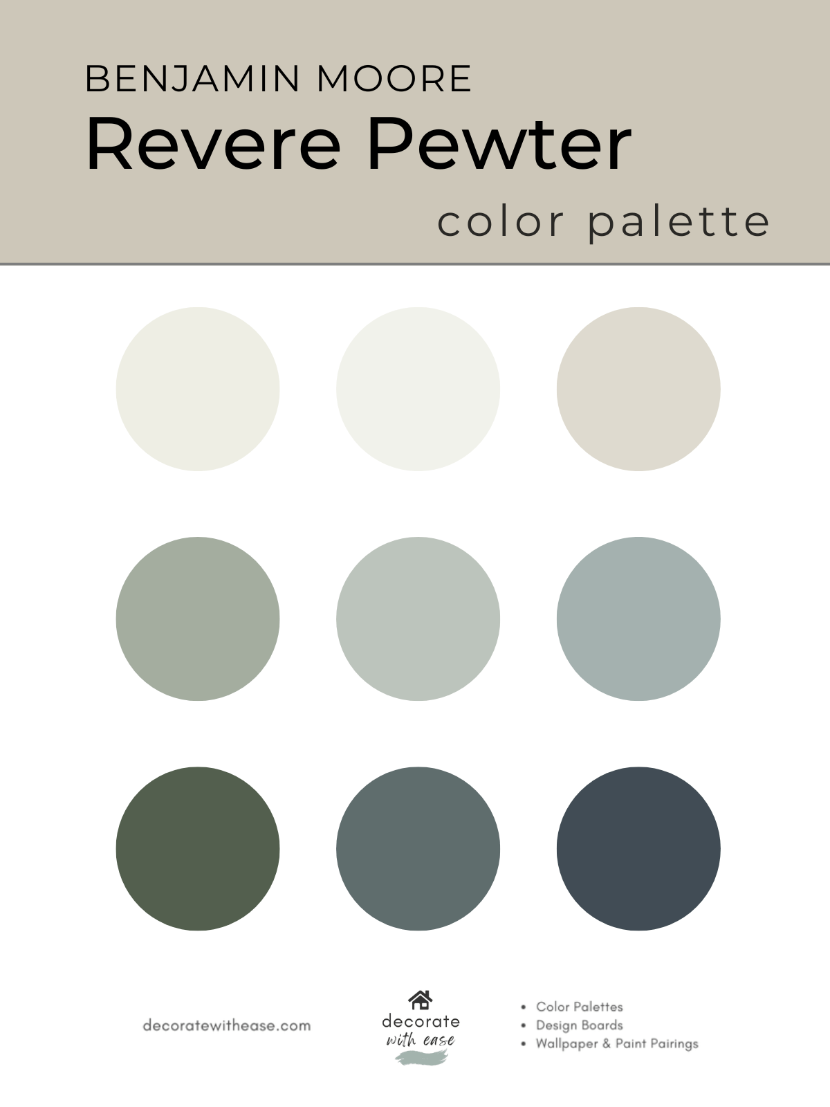 Benjamin Moore Revere Pewter color palette with swatches on a white background