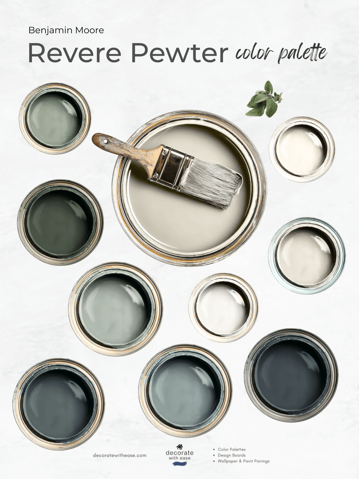 Benjamin Moore Revere Pewter color palette with paint samples and a brush.