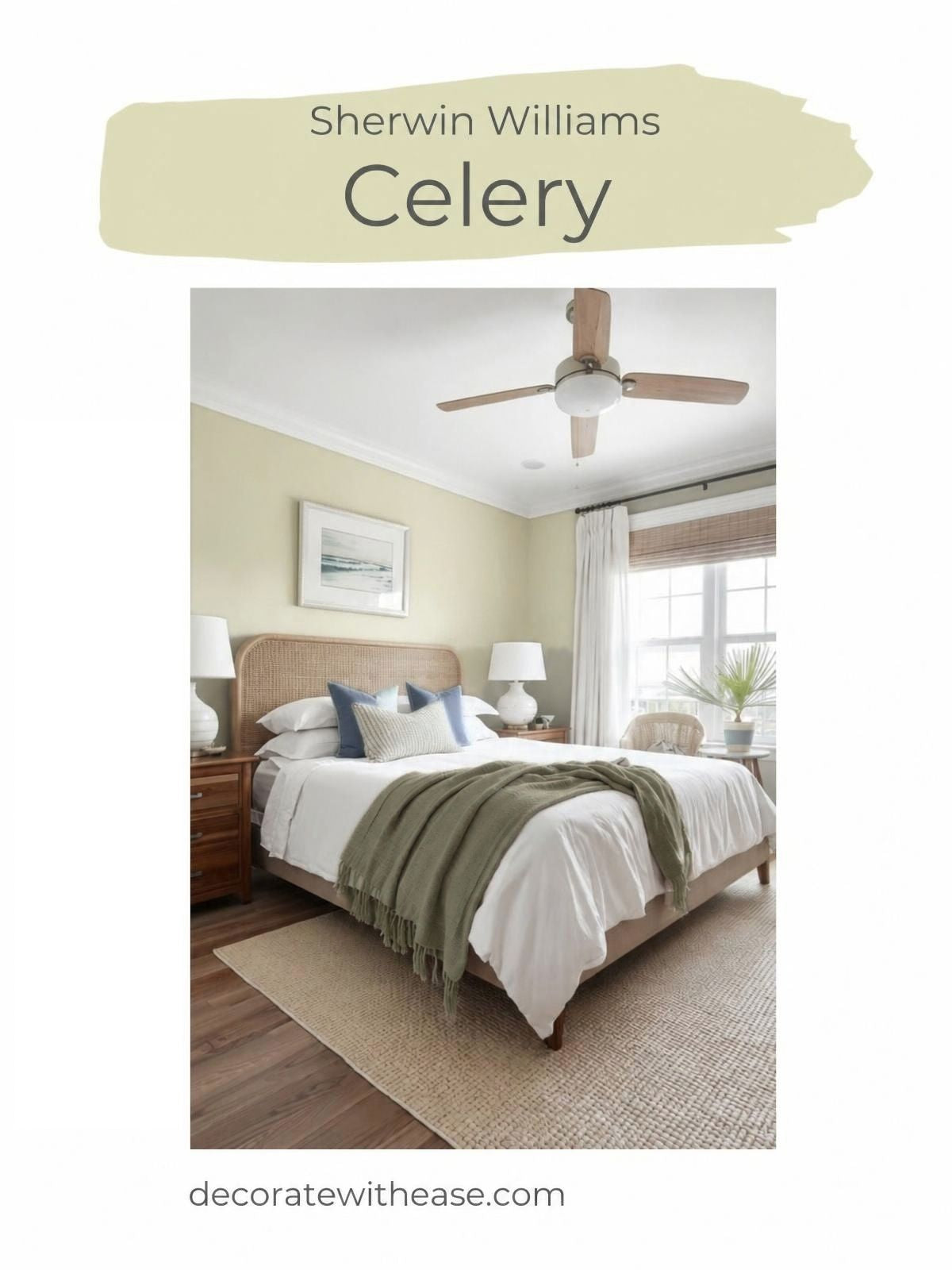 Sherwin Williams Celery paint color swatch displayed above a styled bedroom interior photo showing sage green walls and neutral bedding.