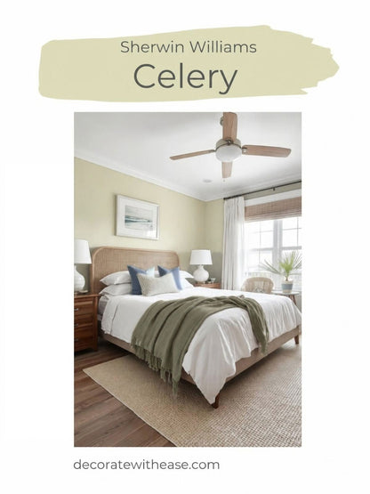 Sherwin Williams Celery paint color swatch displayed above a styled bedroom interior photo showing sage green walls and neutral bedding.