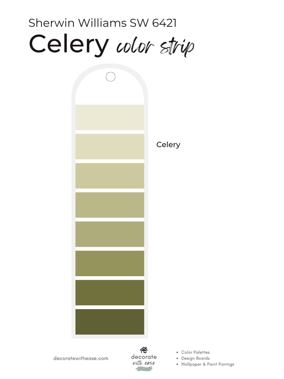 Sherwin Williams SW 6421 Celery color strip showing a vertical stack of sage green and olive green color swatches on a white background with product text.
