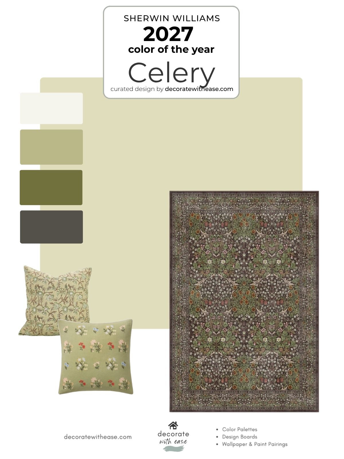 A Sherwin Williams 2027 color of the year Celery palette graphic featuring a sage green color swatch, two decorative pillows, and a traditional patterned area rug on a white background.
