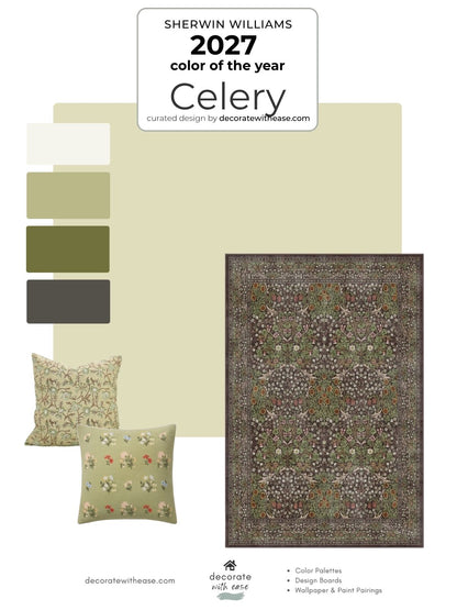 A Sherwin Williams 2027 color of the year Celery palette graphic featuring a sage green color swatch, two decorative pillows, and a traditional patterned area rug on a white background.