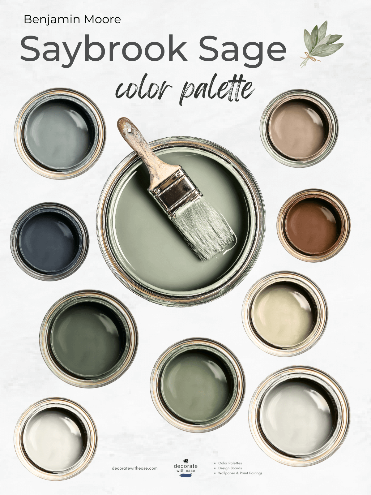 Benjamin Moore Saybrook Sage color palette with paint samples and a brush.