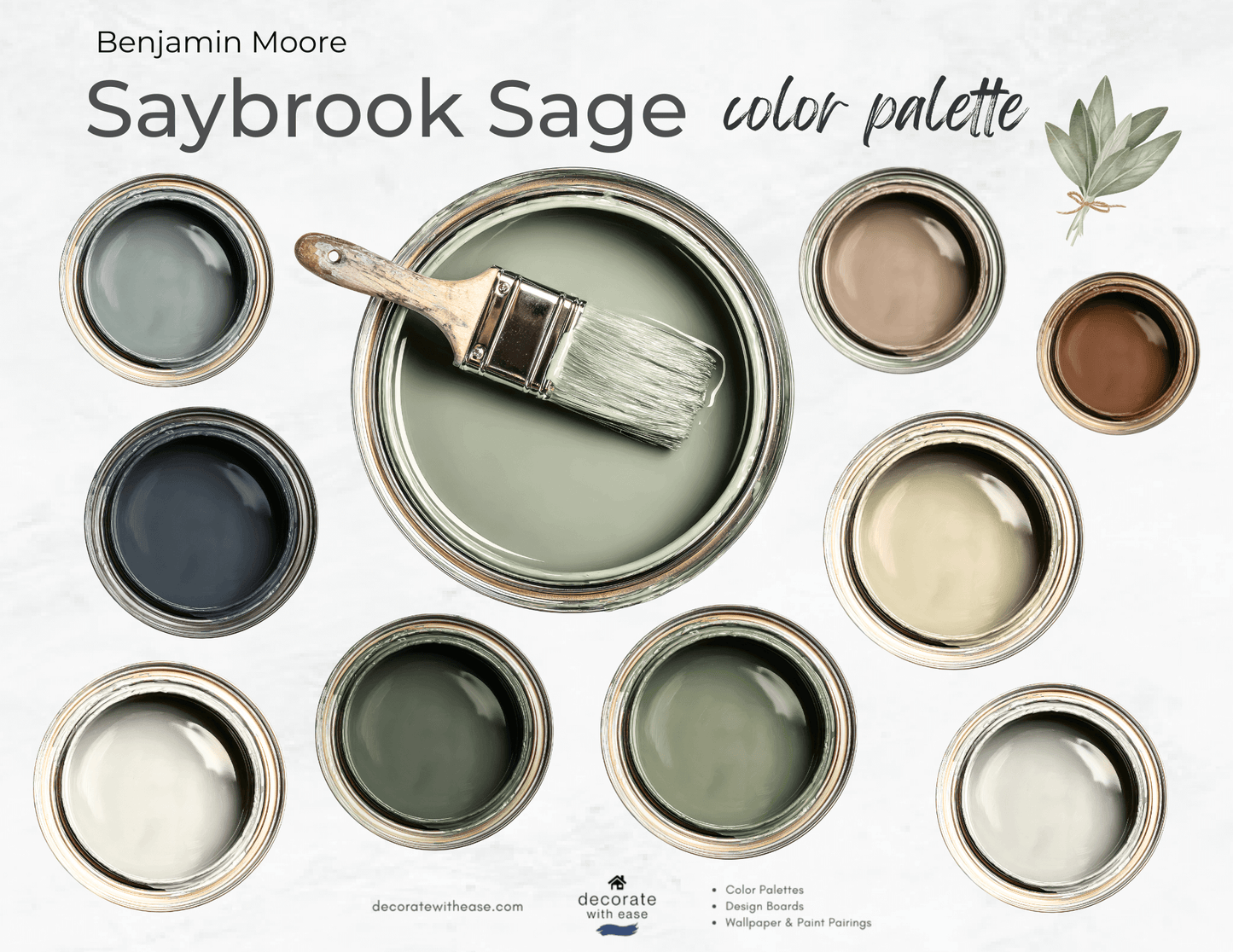 Benjamin Moore Saybrook Sage color palette with paint samples and a brush.