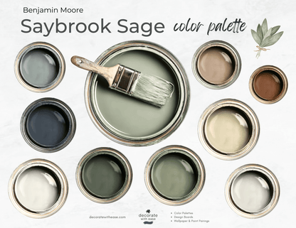 Benjamin Moore Saybrook Sage color palette with paint samples and a brush.