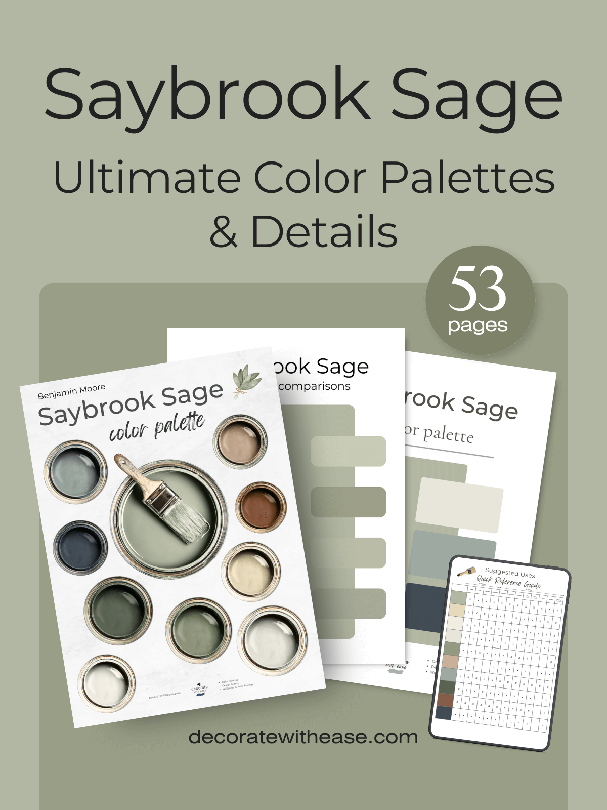Saybrook Sage color palette book with samples and comparisons on a green background