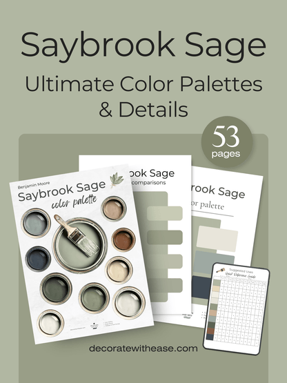 Saybrook Sage color palette book with samples and comparisons on a green background