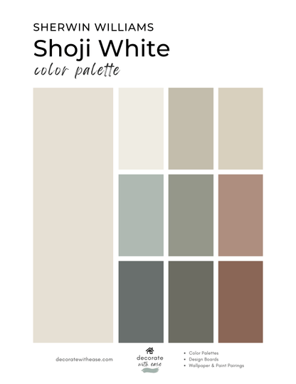 Sherwin-Williams Shoji White color palette with swatches on a white background
