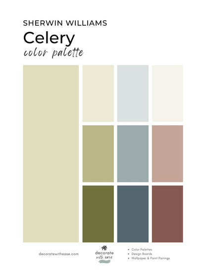 Sherwin Williams Celery color palette chart featuring a 12-color swatch grid with neutral and earthy tones, including beige, sage green, light blue, dusty pink, olive green, slate blue, and terracotta, on a white background.