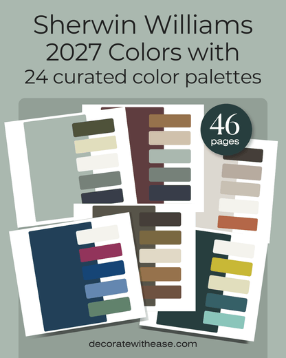 Promotional graphic for a digital planner or book titled 'Sherwin Williams 2027 Colors with 24 curated color palettes' showing several overlapping color swatch cards and a dark badge that says '46 pages'.