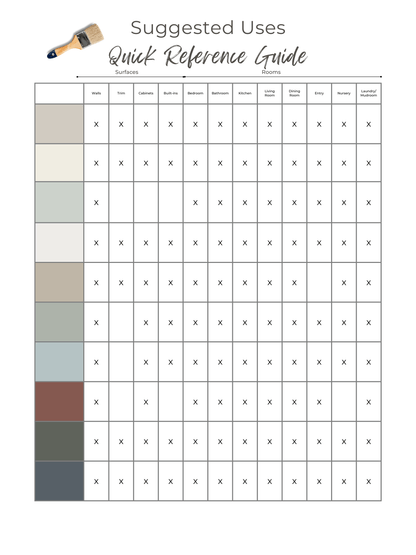 Color swatch chart with grid and color samples for quick reference guide